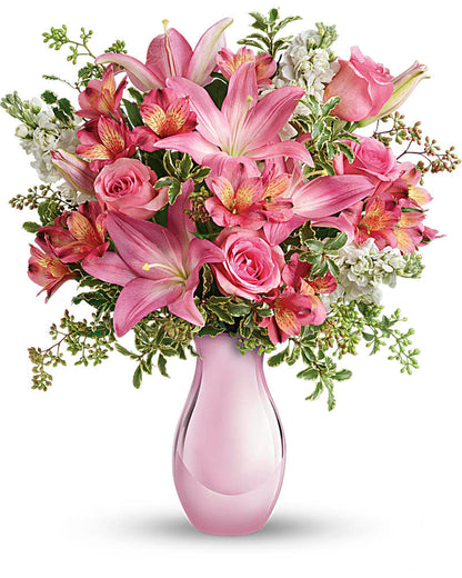Pink Reflections bouquet in a pink vase featuring lilies, roses, and greenery, perfect for a lovely gift.
